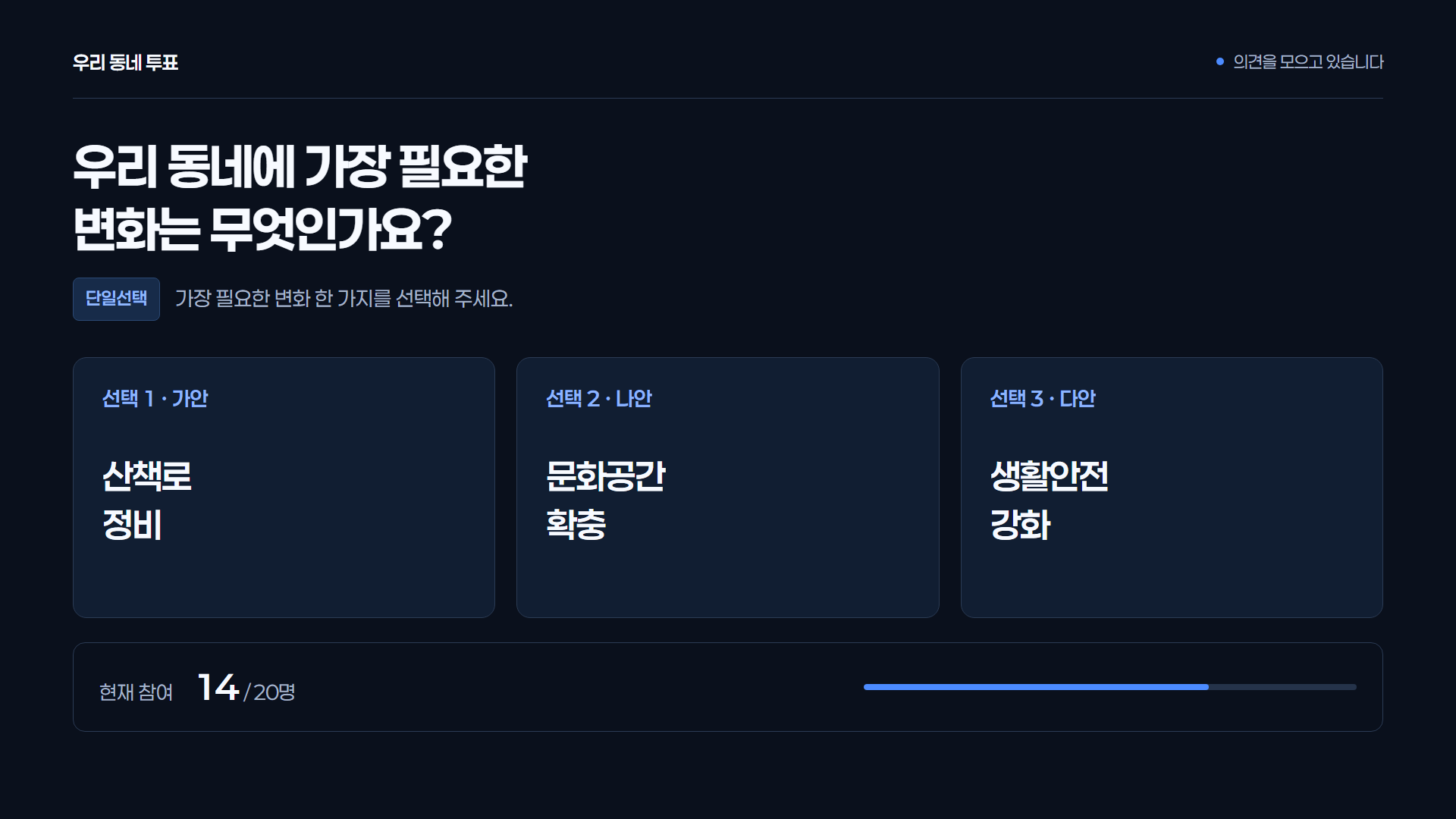 카드형 화면 구성 예시 · 선택지를 카드로 보여주고 참여 현황을 함께 표시합니다. 이 화면에서는 항목별 득표 결과를 공개하지 않습니다.